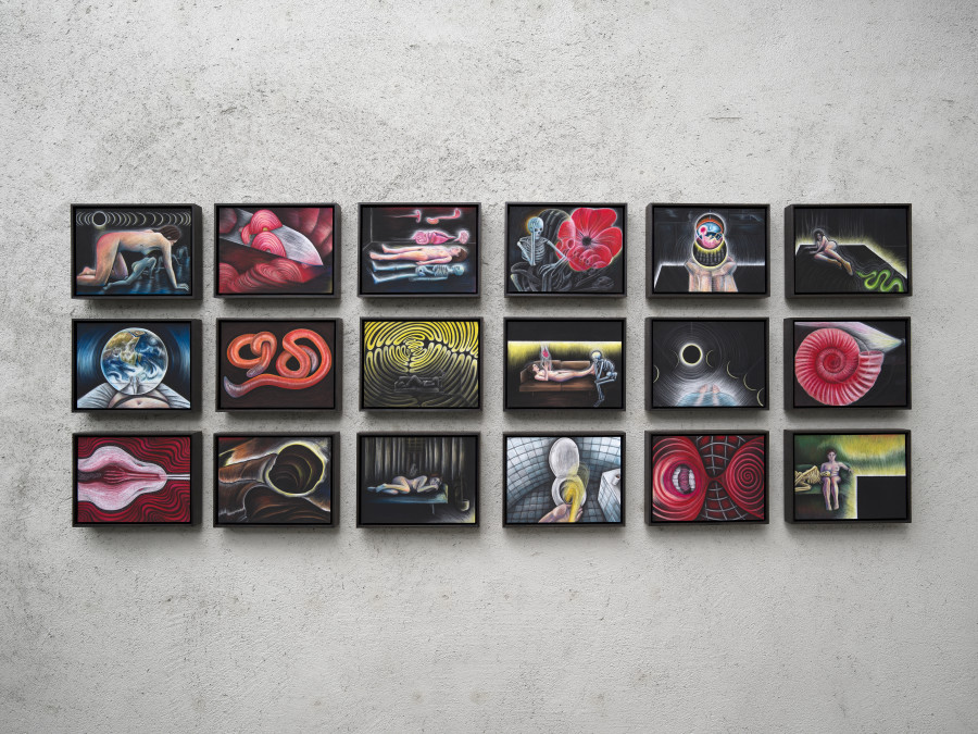 Exhibition view Emma Jung & Rebecca Ackroyd «Tage und Nächte», Cabaret Voltaire 2025; Rebecca Ackroyd, The World as I see it (Series), 2022–ongoing. Photo: Cedric Mussano. Courtesy: the artist.