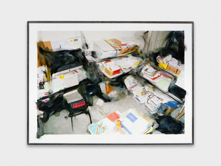 Jean-Vincent Simonet, The office (heirloom), 2022, Inkjet print on plastic foil, fingertips intervention, handmade lead frame, anti-reflective glass, 31 × 42cm. Photography: Philipp Rupp / Julien Gremaud. Courtesy of Sentiment and the artist