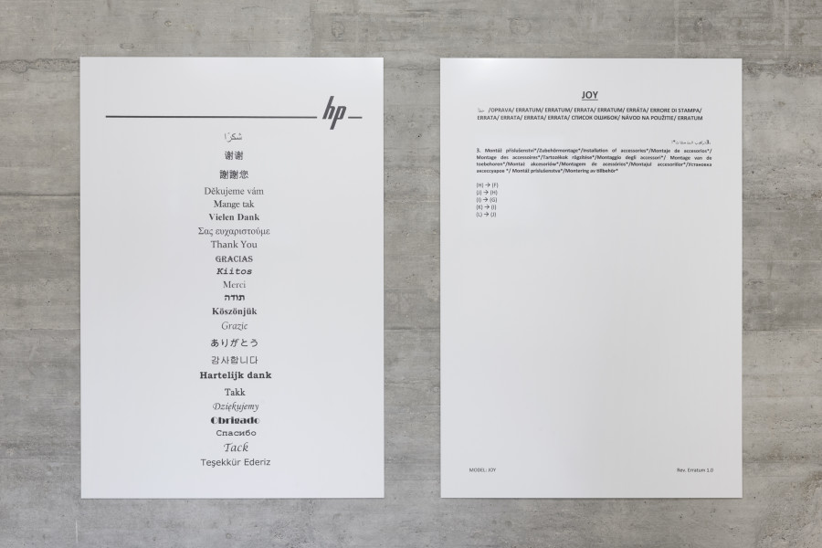 Left: JOY, 2023, installation instructions for accessories of a buggy, UV print on aluminum, 170 x 116.5 cm right: Thank you, 2017/23
HP self test page for printing, UV print on aluminum, 170 x 116.5 cm. Photography: Gina Folly / all images copyright and courtesy of the artist and For