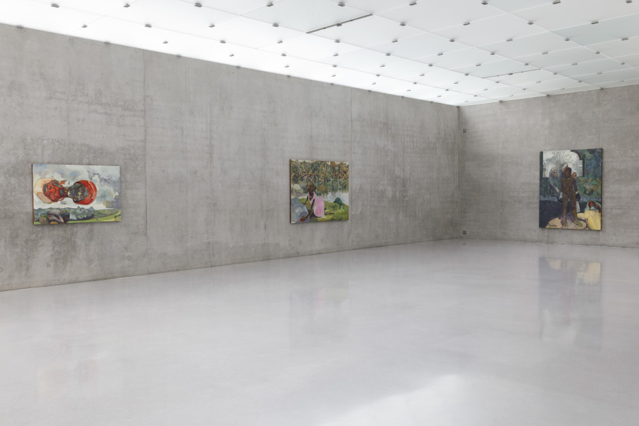 Michael Armitage, Installation view second floor Kunsthaus Bregenz, 2023. Photo: Markus Tretter. Courtesy of the artist, David Zwirner | Private Collection, San Francisco Museum of Modern Art, Collection SFMOMA, Accessions Committee Fund purchase and The George Economou Collection. © Michael Armitage, Kunsthaus Bregenz
