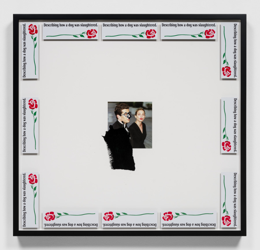Jordan Wolfson, Untitled, 2020. Archival inkjet print with enamel paint and marker, in powder-coated aluminum artist’s frame with decals, 45 x 41 x 3 inches (114.3 x 104.1 x 7.6 cm). © Jordan Wolfson. Photo: Ed Mumford. Courtesy the artist and Gagosian