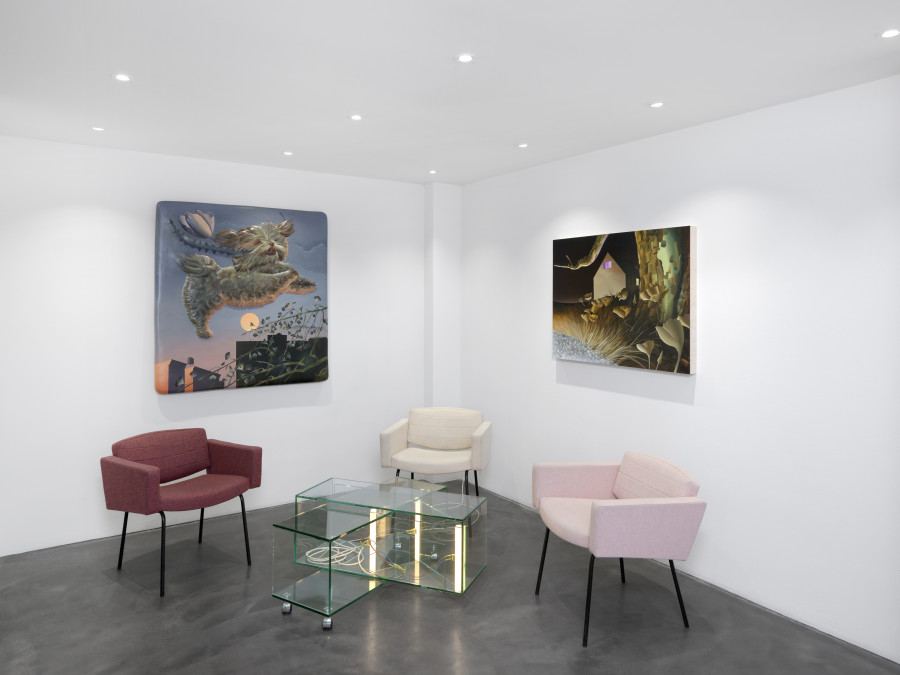 Left: Hope, 2021. Acrylic on foam and resin panel, 121.9 x 114.3 cm. Right: Highway Landscape, 2021. Acrylic on wooden panel, 76.2 x 101.6 cm. Photo credit: Annik Wetter