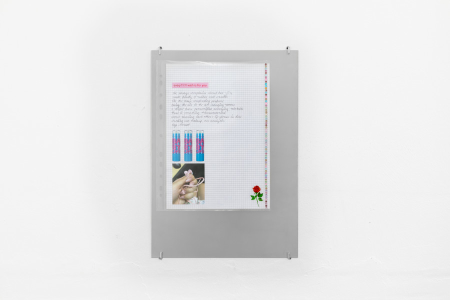 Gaia Del Santo, ‘bffs’, 2022, Steel plate, ballpoint pen on paper, stickers on plastic sleeve, Installation view at Last Tango, Zurich, 2023, photo by Luca Klett