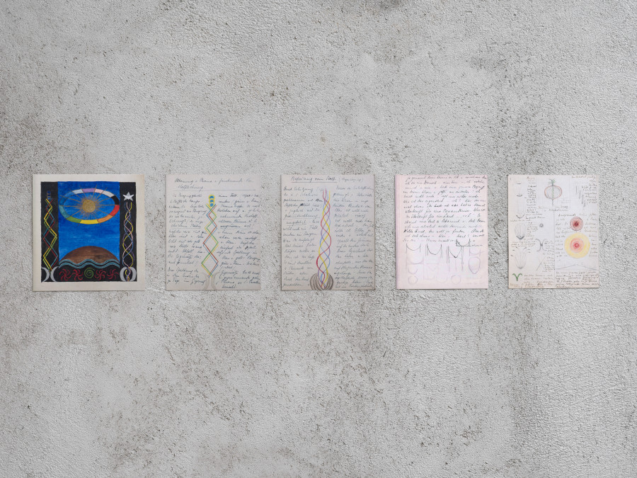 Exhibition view Emma Jung & Rebecca Ackroyd «Tage und Nächte», Cabaret Voltaire 2025; Emma Jung-Rauschenbach (printed scans), Image of an emerging world (Systema), probably 1919; Two pages from the dream book & diary, separation from the pleroma and increasing materialization as well as liberation from matter (Spiritualization), brown with embossed frame (System), 1919; One page from the dream book & diary, black with embossing, undated; Page with onion from the dream book & diary, black (movement oft he beginning), 1915. Photo: Cedric Mussano. Courtesy: Familienarchiv Jung, © 2007 Stiftung der Werke von C.G. Jung, Zürich.