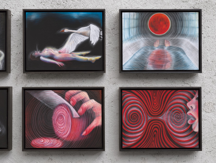 Exhibition view Emma Jung & Rebecca Ackroyd «Tage und Nächte», Cabaret Voltaire 2025; Rebecca Ackroyd, The World as I see it (Series) (detail), 2022–ongoing. Photo: Cedric Mussano. Courtesy: the artist.