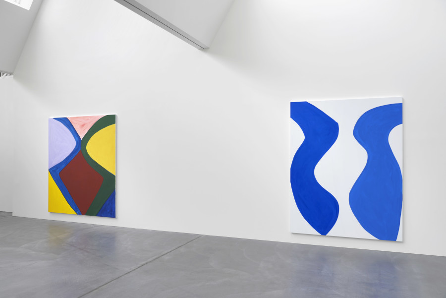 Exhibition view, Marina Adams, To a World Full of Others, von Bartha, Basel, 2024, view f.l.t.r. on, SOMEWHERE, over the rainbow, 2023, and, Where Salome Danced, 2024. Photo: Philipp Hänger / von Bartha