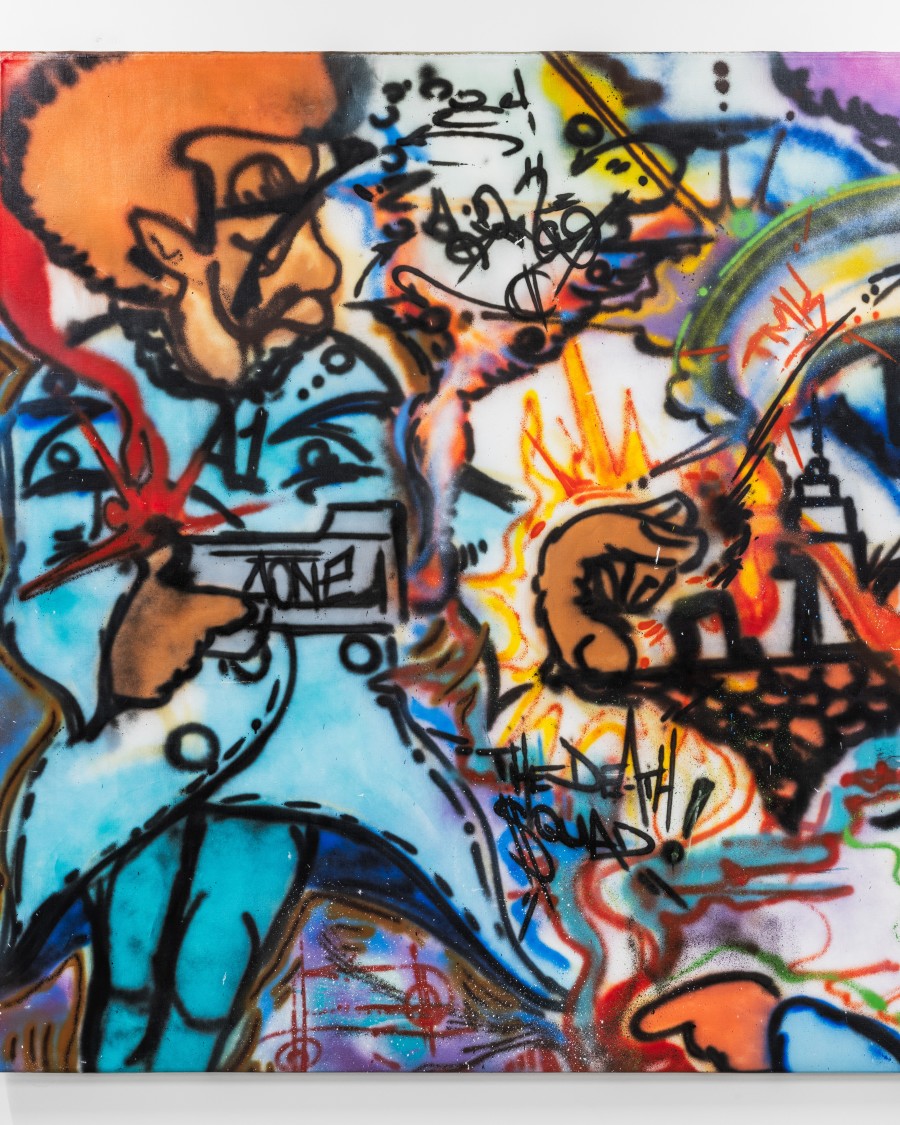 Exhibition view « La déferlante hip hop », A-One, Crash & Daze, untitled, 1984, 195x800 cm, spray on canvas, detail, CALM – Centre d’Art La Meute, Lausanne, Switzerland, 2025 / Photo: Théo Dufloo / Speerstra collection.