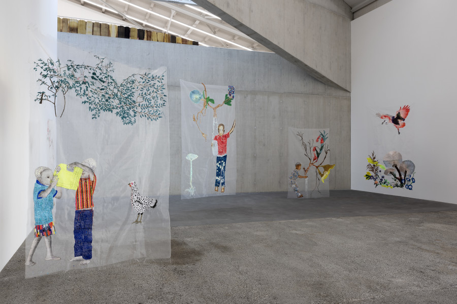 Ana Silva: Sem título [Untitled], Courtesy of the artist and Collection of Anna Federici and Roberto D’Agostino. Guardiãs 002; Guardiãs 005-007; Guardiãs 015-019, Courtesy of the artist and A Gentil CARIOCA Rio de Janeiro. © 2025, ProLitteris, Zurich.  Ausstellungsansicht / Installation view Kunsthaus Baselland 2025. Foto / Photo: Gina Folly