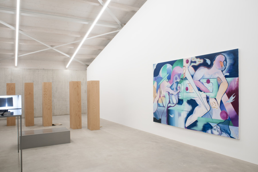 Nolan Lucidi, Sculpture for a peeping Tom (apartments); Sculpture for a screening (cellar), 2025; Fanny Adriana Dunning, Specks to make a documentary, 2025; Niko Fuchs, All in a day’s work, 2025  Installation view Revolt Against the Sun!, Graduation Exhibition Bachelor and Master Institute Art Gender Nature HGK Basel FHNW, Kunsthaus Baselland, 2025, photo: Christian Knörr