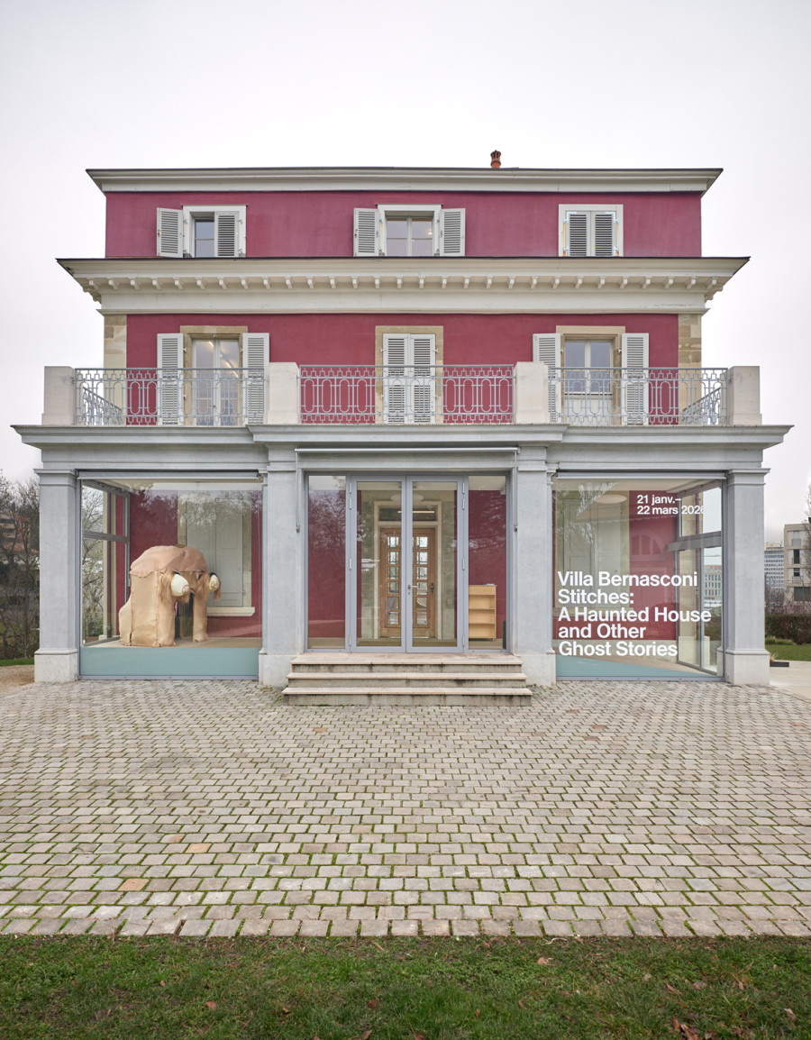 Exhibition View, ‘Stitches: A Haunted House and Other Ghost Stories’ at the Villa Bernasconi, 2026 / Photo by Nicolas Delaroche Studio. Latefa Wiersch, Original Features, 2020, textile