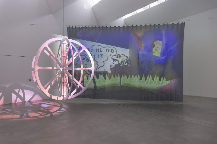 Tony Oursler, Room: BLUE, Artworks (from left to right): DMEz*l, che^^trails (both 2025). Exhibition view, Tony Oursler, Hoisted from the Pit, Kunst Museum Winterthur, 2025. Photo: Reto Kaufmann