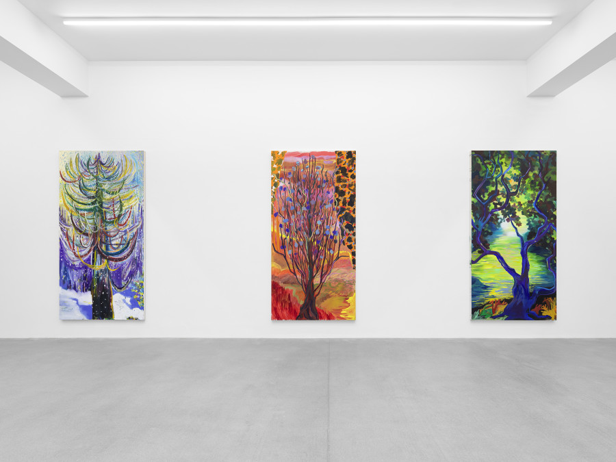 Installation view, Shara Hughes, Tree Farm, Galerie Eva Presenhuber, Waldmannstrasse, Zurich, 2024. © Shara Hughes. Courtesy the artist and Galerie Eva Presenhuber, Zurich / Vienna. Photo: Stefan Altenburger Photography, Zürich