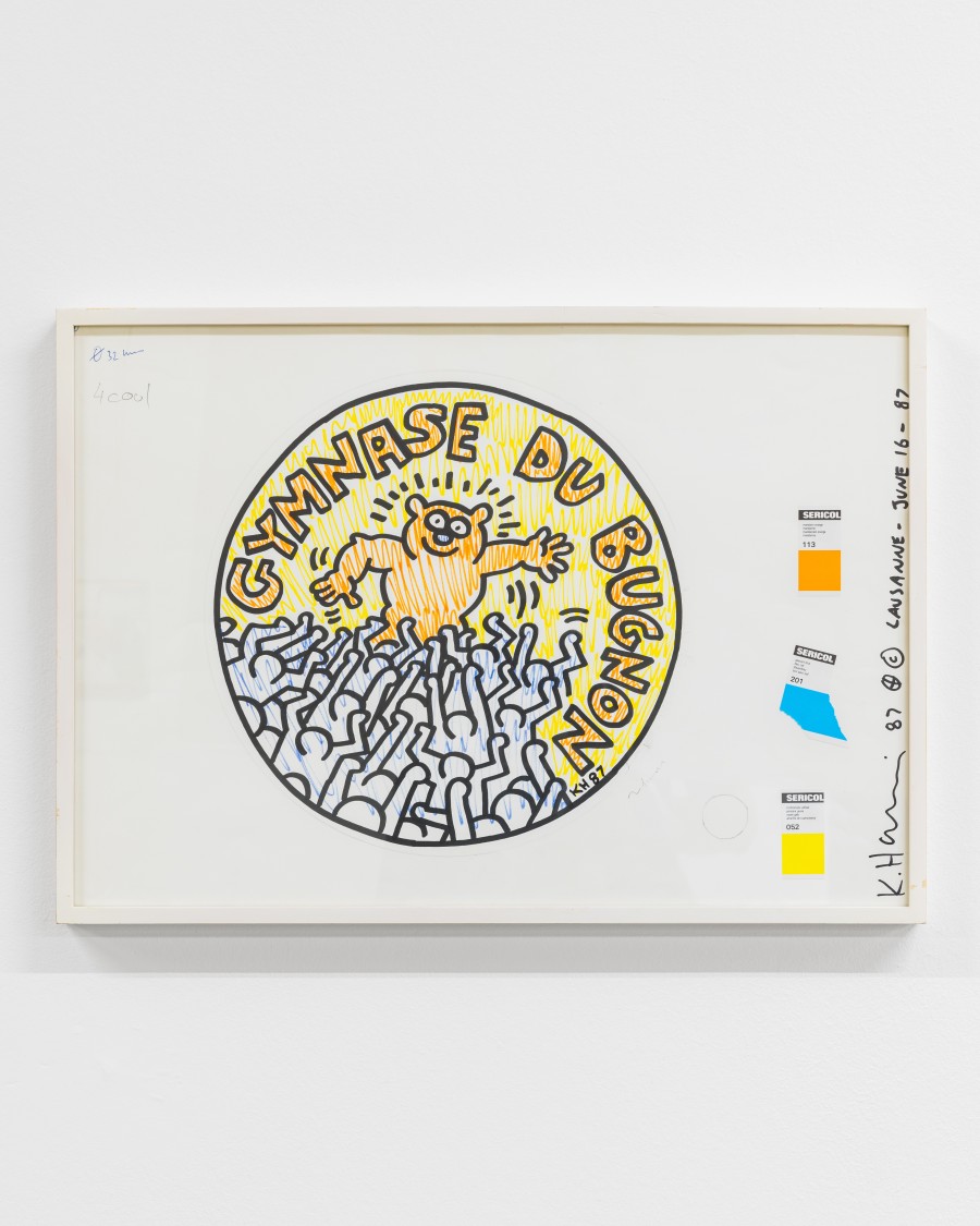 Exhibition view « La déferlante hip hop », Keith Haring, Gymnase du Bugnon (pins), 1987, 36x51cm, felt pen and pencil on wove paper, CALM – Centre d’Art La Meute, Lausanne, Switzerland, 2025 / Photo: Théo Dufloo / private coll.