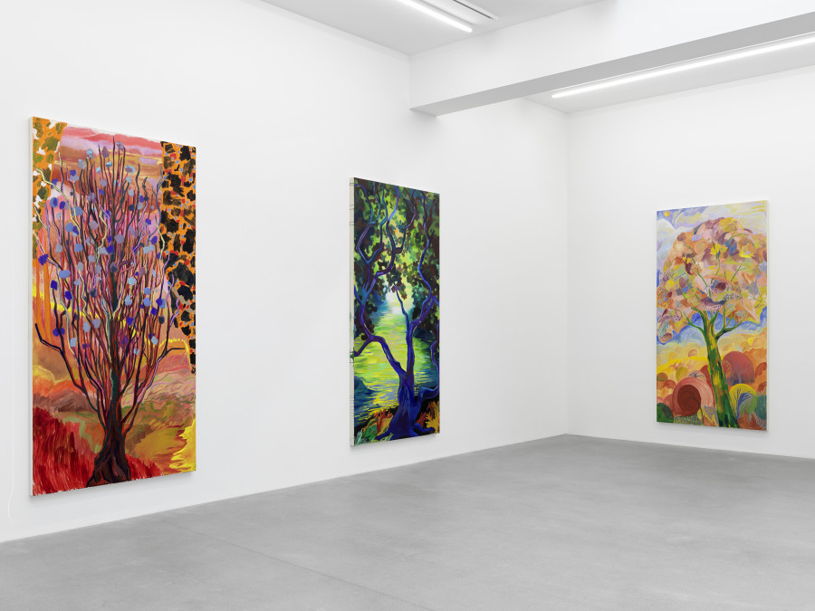 Installation view, Shara Hughes, Tree Farm, Galerie Eva Presenhuber, Waldmannstrasse, Zurich, 2024. © Shara Hughes. Courtesy the artist and Galerie Eva Presenhuber, Zurich / Vienna. Photo: Stefan Altenburger Photography, Zürich