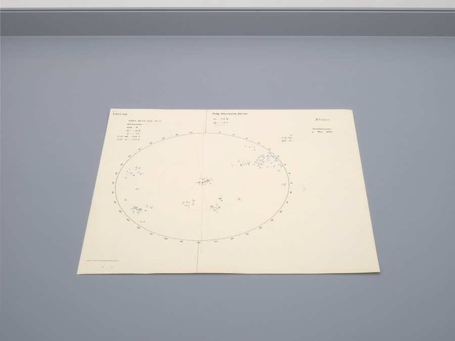Pencil drawing overwritten with ink and coloured pencil, created as a projection image drawing at the Eidgenössische Sternwarte Zürich. Instrument: Nuclear Merz reactor. Loan and courtesy ETH-Library Zurich. Photo: Cedric Mussano