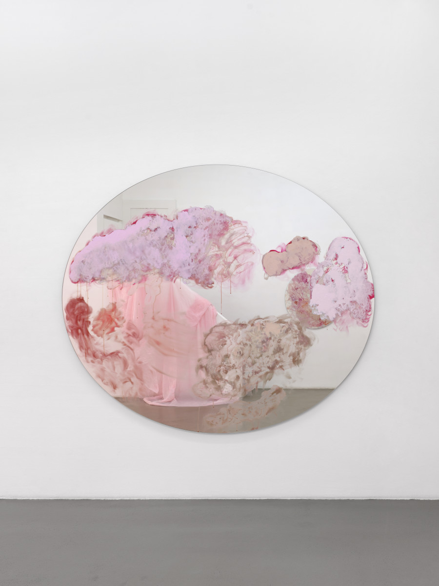 Karla Black, Towards A Standard, 2025, glass paint and oil paint on mirror, 200 x 240 cm