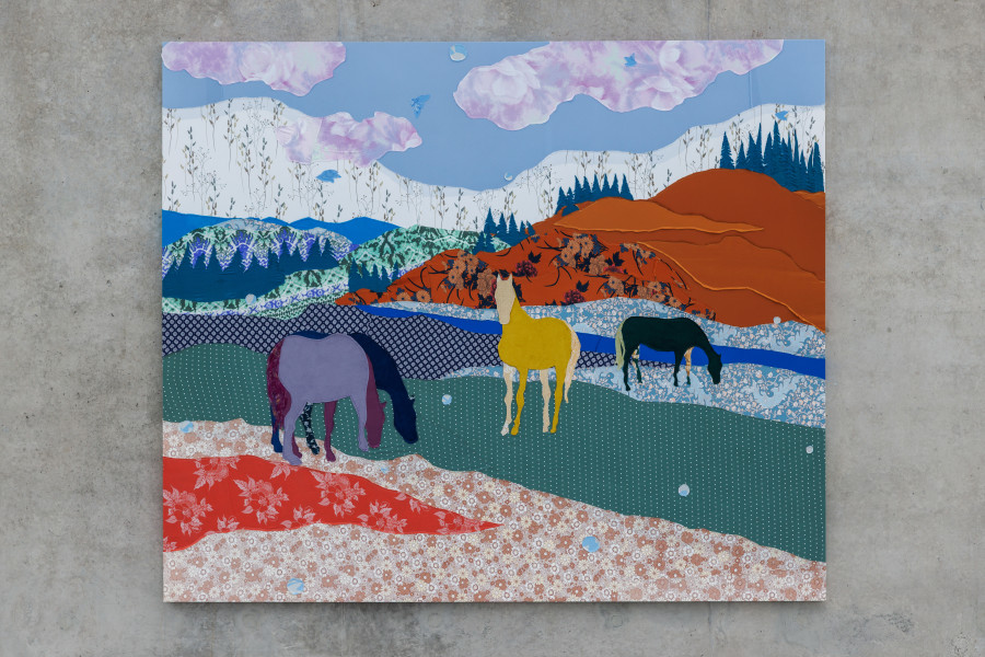 Małgorzata Mirga-Tas, Tełe Ćerhenia Jekh Jag, Exhibition view first floor Kunsthaus Bregenz, 2025, Pasio pani Białka (On the river Białka), 2025. Photo: Markus Tretter. © Małgorzata Mirga-Tas, Kunsthaus Bregenz. Courtesy of the artist, Foksal Gallery Foundation, Warsaw, Frith Street Gallery, London, Karma International, Zurich