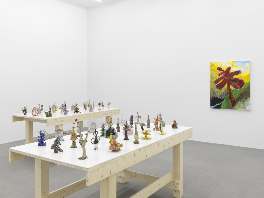 Installation view, Shara Hughes, Tree Farm, Galerie Eva Presenhuber, Waldmannstrasse, Zurich, 2024. © Shara Hughes. Courtesy the artist and Galerie Eva Presenhuber, Zurich / Vienna. Photo: Stefan Altenburger Photography, Zürich