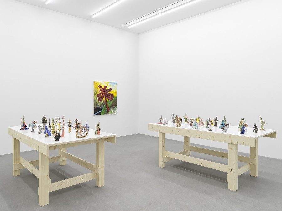 Installation view, Shara Hughes, Tree Farm, Galerie Eva Presenhuber, Waldmannstrasse, Zurich, 2024. © Shara Hughes. Courtesy the artist and Galerie Eva Presenhuber, Zurich / Vienna. Photo: Stefan Altenburger Photography, Zürich