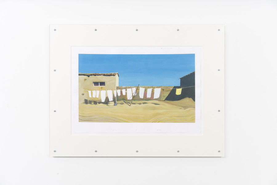 Julian Irlinger, Cel animation background (cottage/clothesline/daylight), 2024, Gouache and ink on paper, artist frame, 61 × 81 cm (framed). Damien & The Love Guru, 2024. Courtesy of the artist and Damien & The Love Guru, Brussels/Zürich. Photo: Claude Barrault