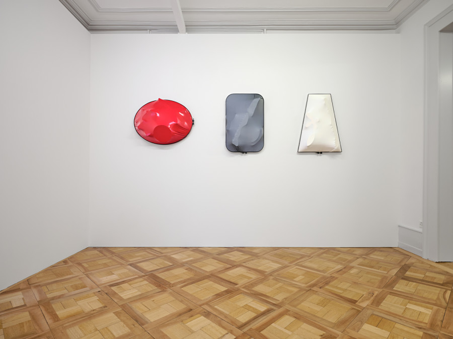 Exhibition View, ‘Stitches: A Haunted House and Other Ghost Stories’ at the Villa Bernasconi, 2026 / Photo by Nicolas Delaroche Studio. Sonia Kacem, Ensemble of Three (Familiar Strangeness), 2023, textile, wood, metal, Courtesy of the artist and Galerie Gregor Staiger, Zurich/Milan