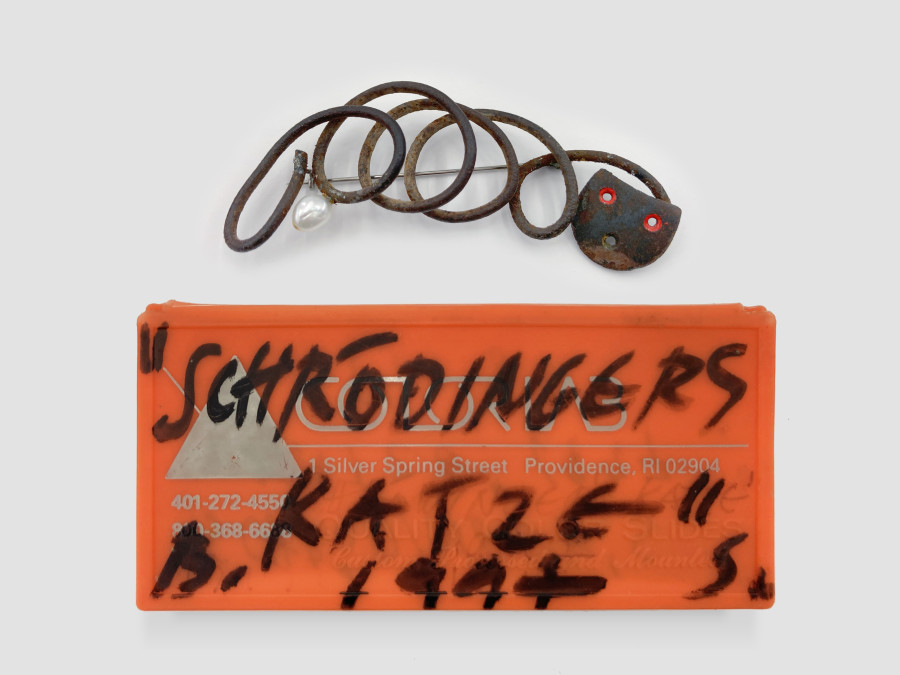 Bernhard Schobinger, Schrödingers Katze / Schrödinger’s Cat, 1997, Brooch made of steel, steel heel-piece, enamel, freshwater pearl, 3.5 x 8.5 x 1.5 cm