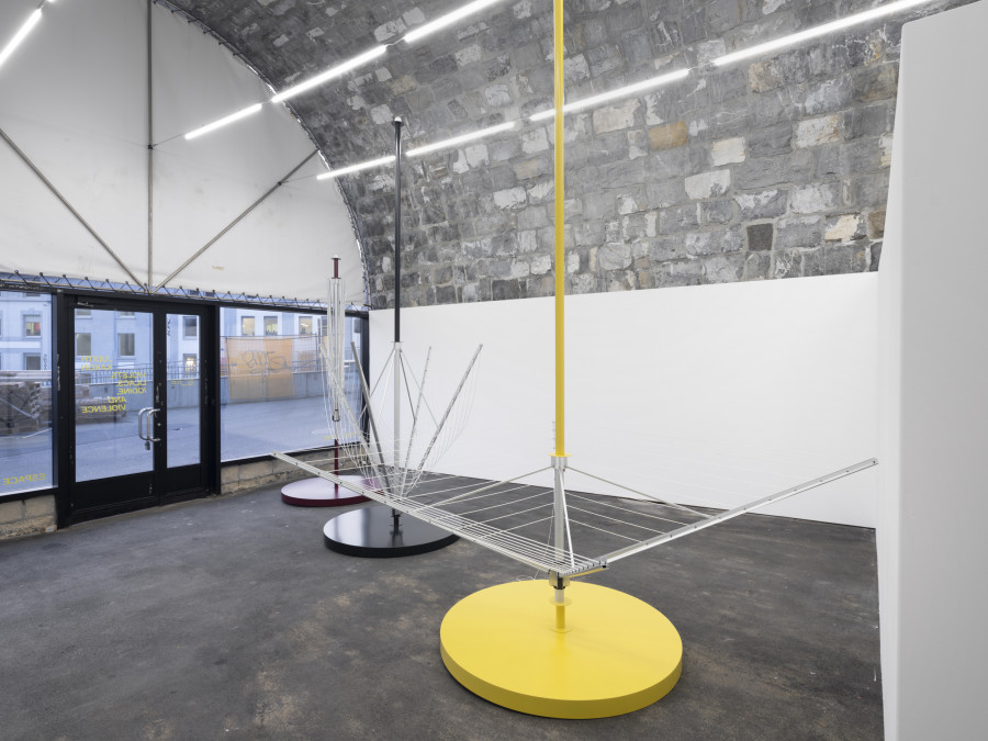 Installation view, Judith Kakon, Violets, lilacs, iodine, and violence, Tunnel Tunnel, Lausanne, 2025-2026. Photo credit: Julien Gremaud