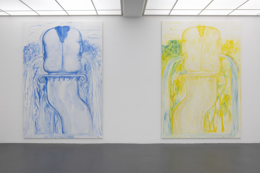 Ralph Bürgin, Cold Song, 2023 Öl auf Leinwand 250 × 170 cm; Concerto Giardino, 2023 Öl auf Leinwand, 250 × 170 cm. Installation view Kunsthaus Baselland. Photo: Gina Folly
