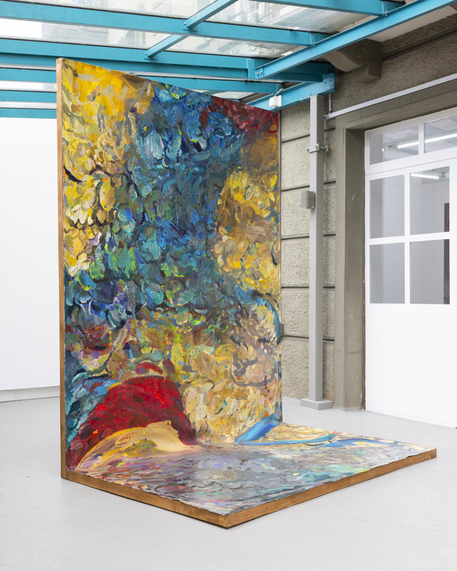 Michele Gabriele, “Study for the Plumage of a Parrot. An Unbothered, Sad, and Cringe Parrot. Indifferent to its Context.”, from the Solo Show “Brambora” at Kaly Gallery, Lucerne, CH. Acrylic on canvas, painted wooden structure, 159 x 78 3/4 x 59 in, 404 x 200 x 150 cm, 2025. Courtesy of the Artist and Kali Gallery. Photo by Kim da Motta