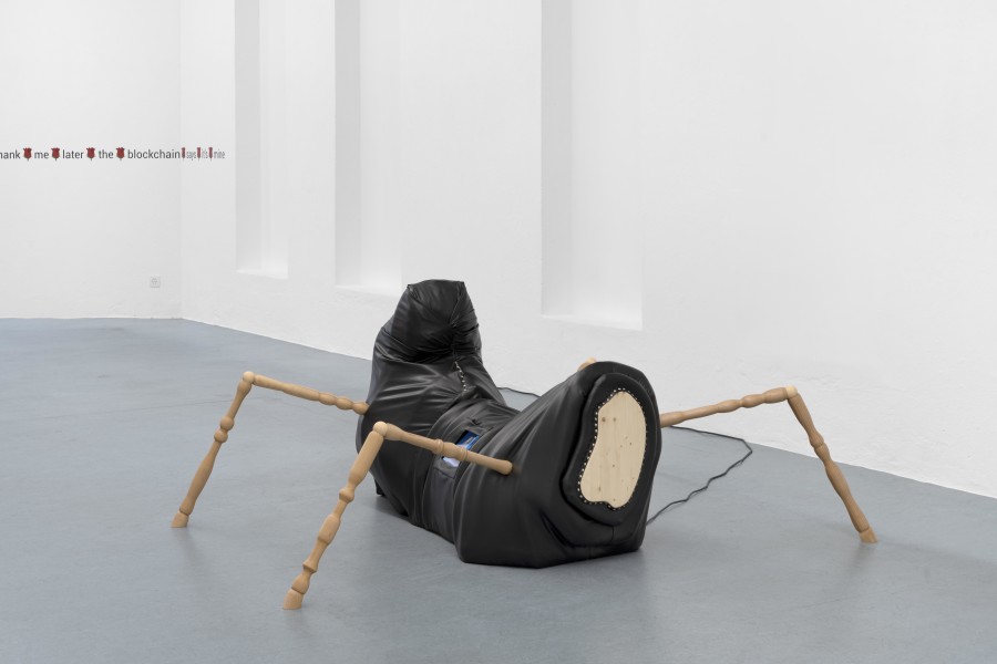 Collectif Je t’aime, If the collective was a tattoo, how many laser sessions would it take to erase it?, 2025, Turned wood, faux leather, and 2-channel video, 82 × 160 × 200 cm, 15:31’, 09:15’ Video credits: Lester Kielstein.. Photo credits: marytwo