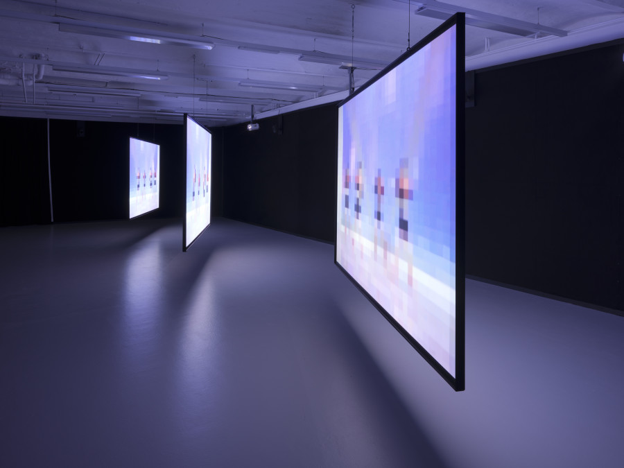 Hwayeon Nam, Throbbing Dance, 2017, three channel video 10’57’’, exhibition view at CAN Centre d’art Neuchâtel, 2025. Photo Sebas- tian Verdon. Photography: Sebastian Verdon. Courtesy: All images courtesy of Hwayeon Nam and CAN Centre d’art Neuchâtel