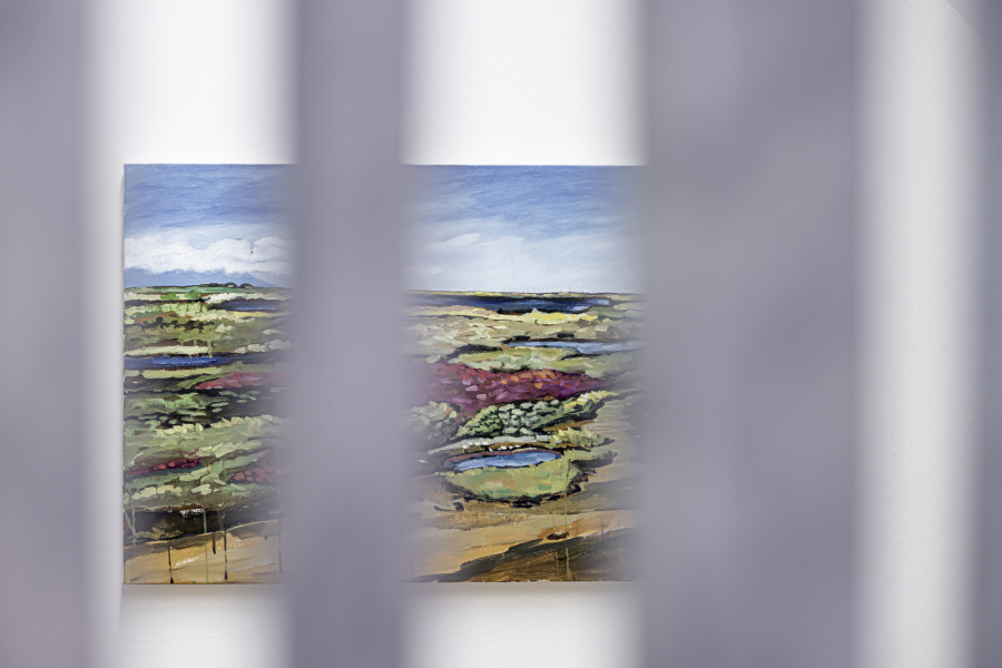 Exhibition View Solo Show Yota Tsotra «Wor(l)ds of borders; view on Yota Tsotra, Landscape of a New World IX, 2025, oil on canvas, 80 cm x 60 cm» at Peripherie 8, Basel, 2025 / Photo: Stefan Schmidlin / Courtesy: Peripherie 8