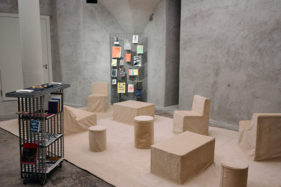 Exhibition view «Interlude: Act 2, Hold The Sound – BaseCamp Library», Cabaret Voltaire 2025; Design by Gabriel Hafner, 2024–2025. Photo: Romain Mader.