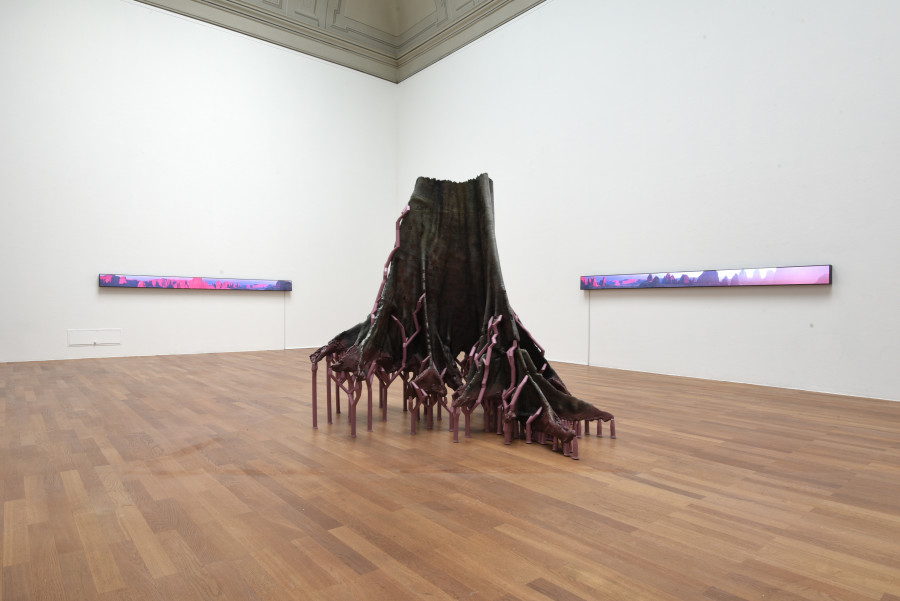 Timur Si-Qin, Etching the Path to the Sea Within, 2023 (front), Sharaan Sunbreak East, 2023 (left), and Sharaan Sunbreak South, 2023 (right). Exhibition view Kunsthalle Winterthur, Photo: Christian Schwager