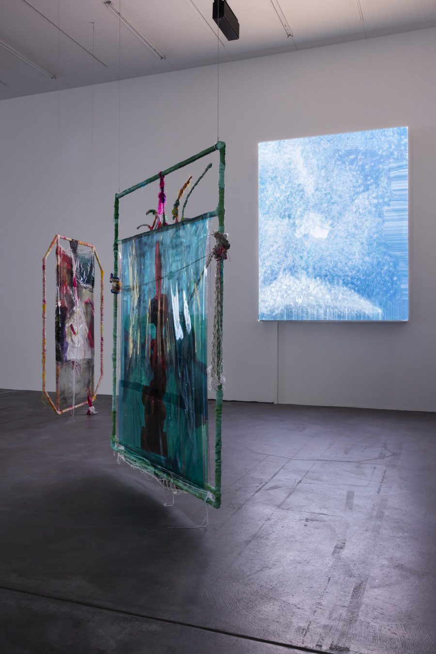 Installation view ‘Julien Creuzet - Orpheus was musing upon braised words (...)’, Luma Westbau, Zurich, 2023. Photo: Nelly Rodriguez