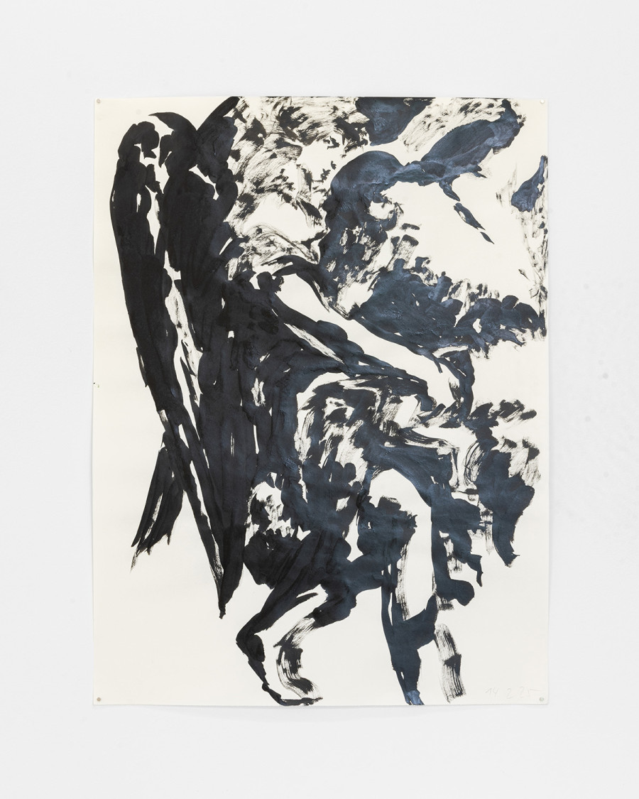 Exhibition’s view « Sur un fil », Andrée Cauderay Vuilleumier, La lutte avec l’ange, 2025, ink drawing, 60 x 80 cm, CALM – Centre d’Art La Meute, Lausanne, Switzerland, 2026 / Photo: Théo Dufloo / Courtesy of the artist.