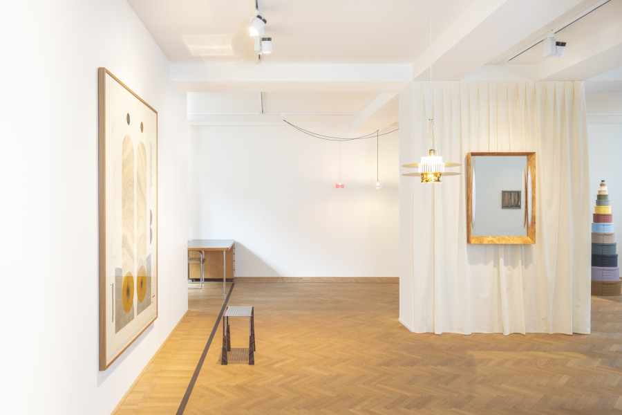 Installation shots of Interior" with works by Elena Alonso, EJR Barnes, Christian Hidaka, Caitlin MacBride, Kilian Rüthemann, Sam Stewart, Laila Tara H, Raphaël Zarka, exhibited at Galerie Fabian Lang, Zurich, (21 April 2023 - 2 June 2023). Credit: Courtesy of the artists and Galerie Fabian Lang. Copyright: © Fabian Lang